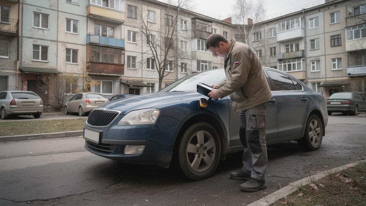 Inspector running a diagnostic scan on a used car before purchase