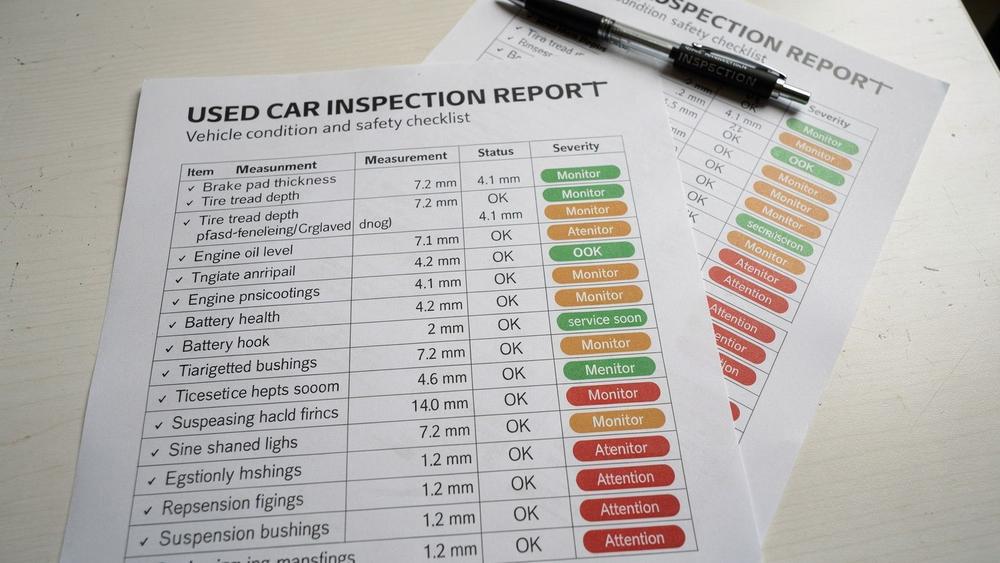 Printed sample car inspection report with severity ratings and measurement tables