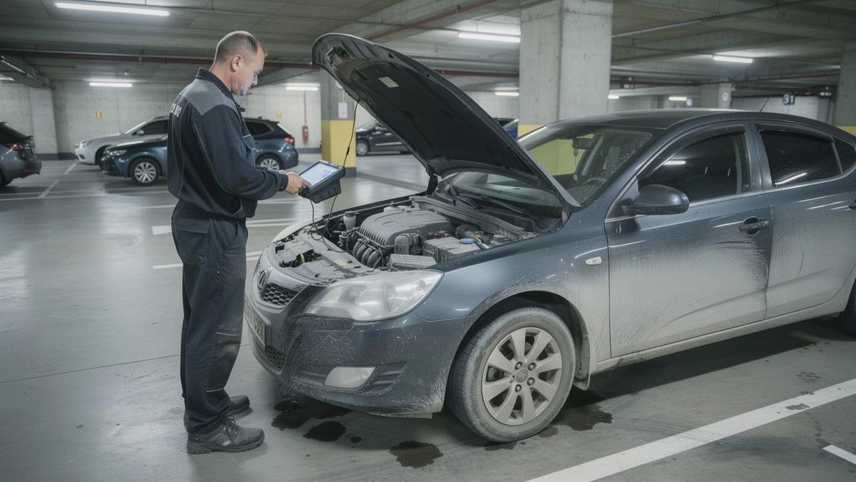 Inspector reading a diagnostic scanner in the engine bay of a used car before purchase in Kyiv